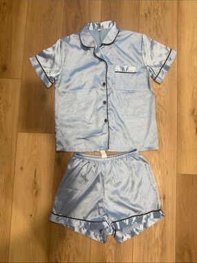 Satin Short Pajama Set in Light Blue with Contrast Trim